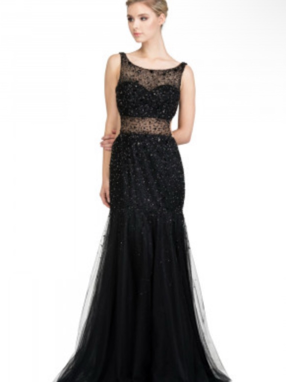 Black Beaded Illusion Waist Prom Gown